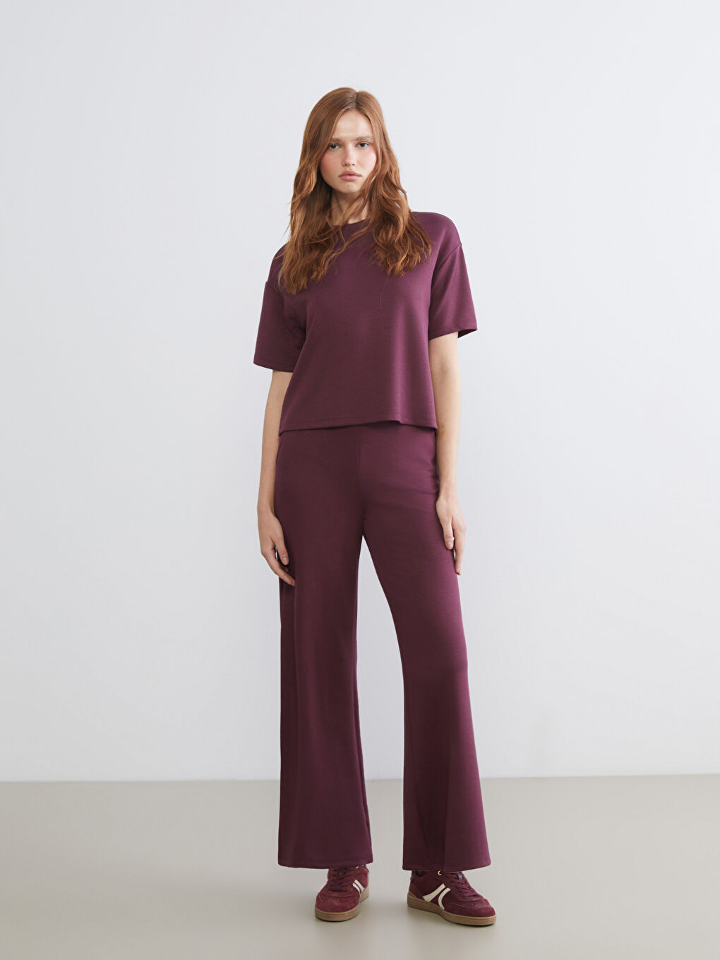 Bordo Beli Lastikli Geniş Paça Kadın Eşofman Altı