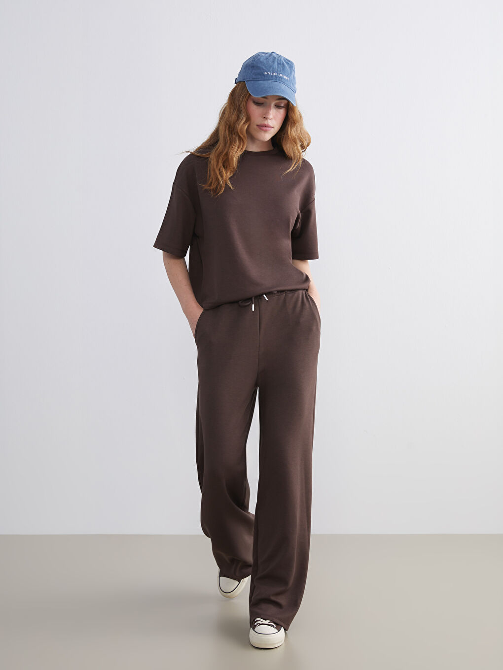 Kahverengi Beli Lastikli Geniş Paça Kadın Eşofman Altı