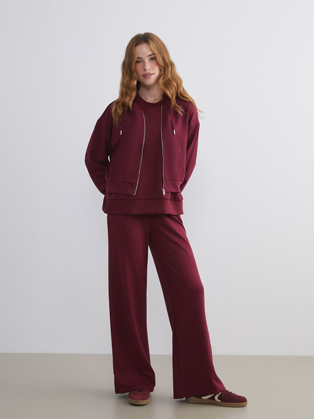 Bordo Beli Lastikli Kadın Eşofman Altı