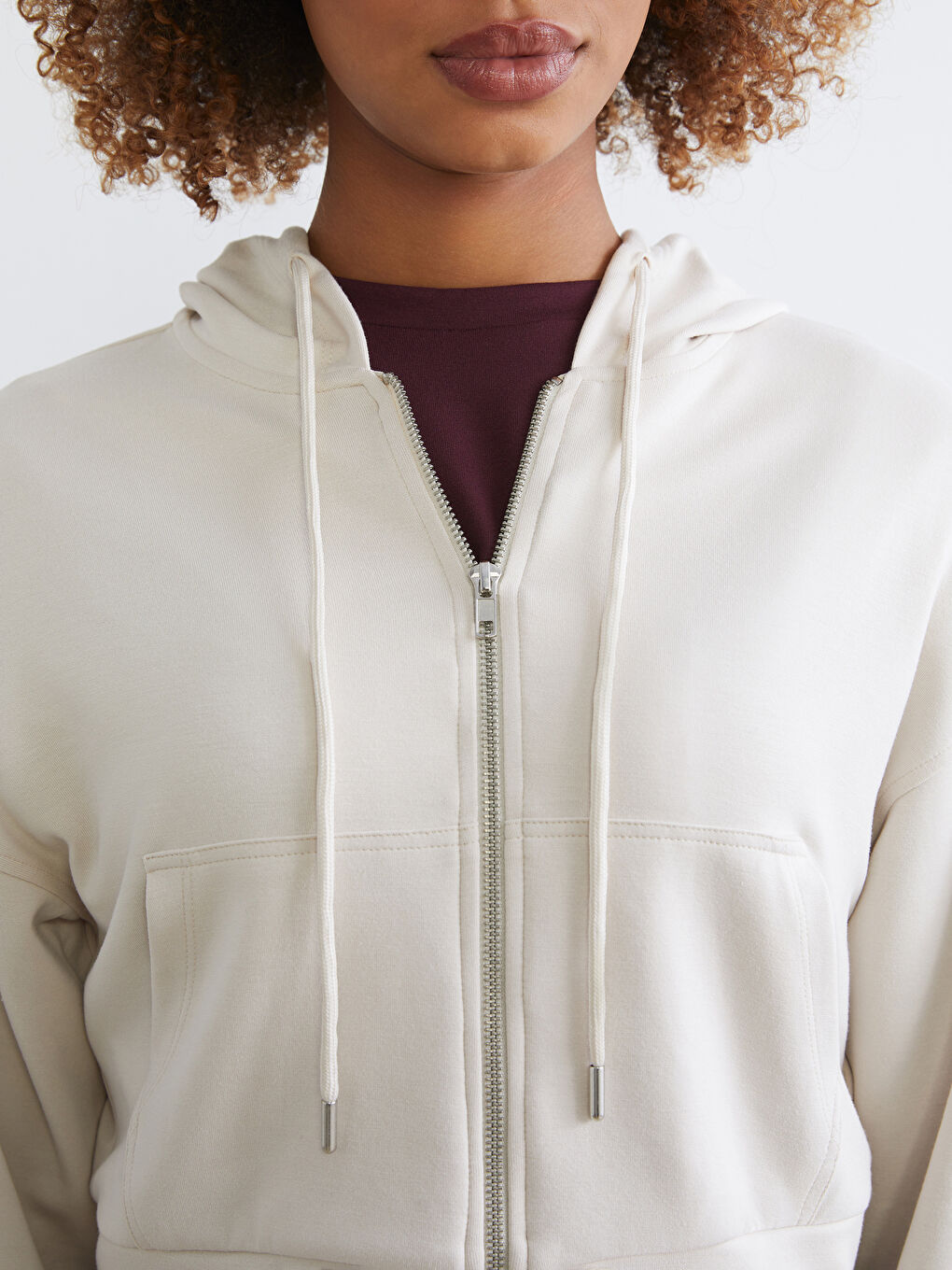 Bej Kapüşonlu Kadın Fermuarlı Sweatshirt-2