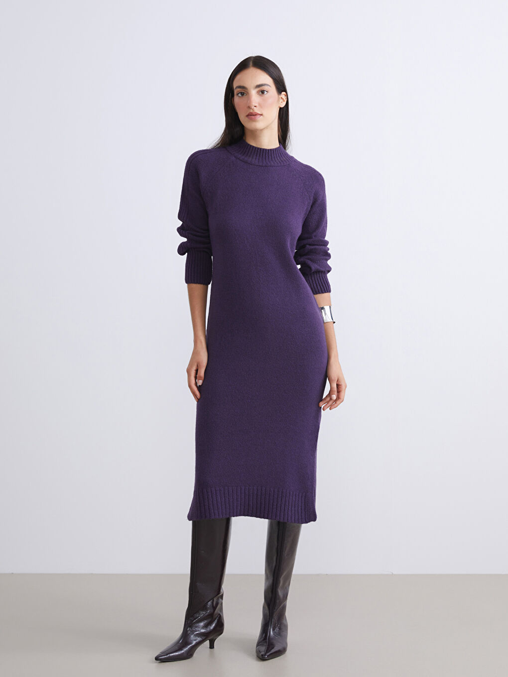 Mor Yarım Balıkçı Yaka Yırtmaçlı Triko Elbise