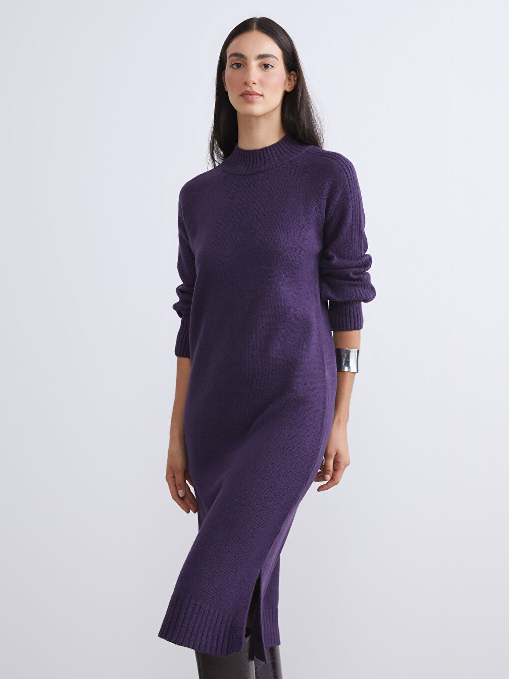 Mor Yarım Balıkçı Yaka Yırtmaçlı Triko Elbise-1