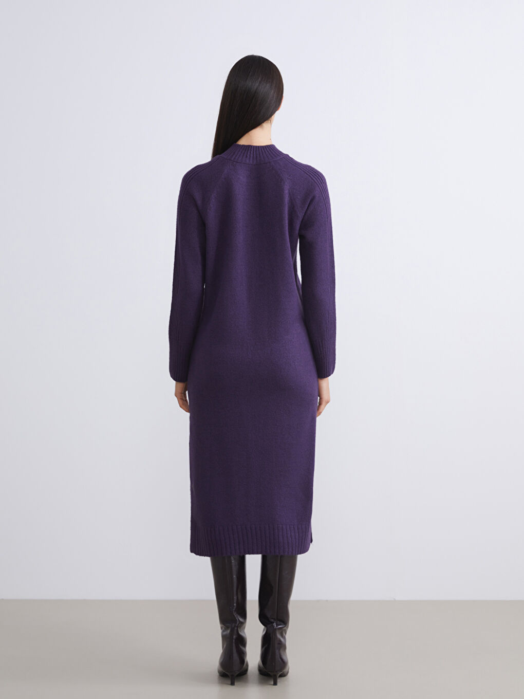 Mor Yarım Balıkçı Yaka Yırtmaçlı Triko Elbise-3