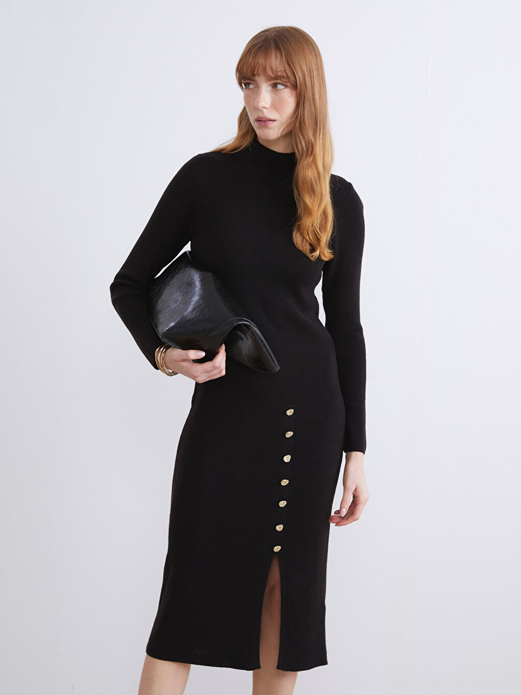 Siyah Yarım Balıkçı Yaka Triko Elbise-1