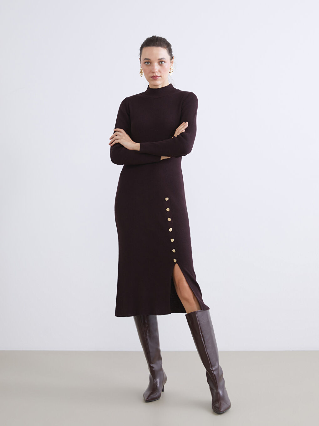 Mor Yarım Balıkçı Yaka Triko Elbise-1