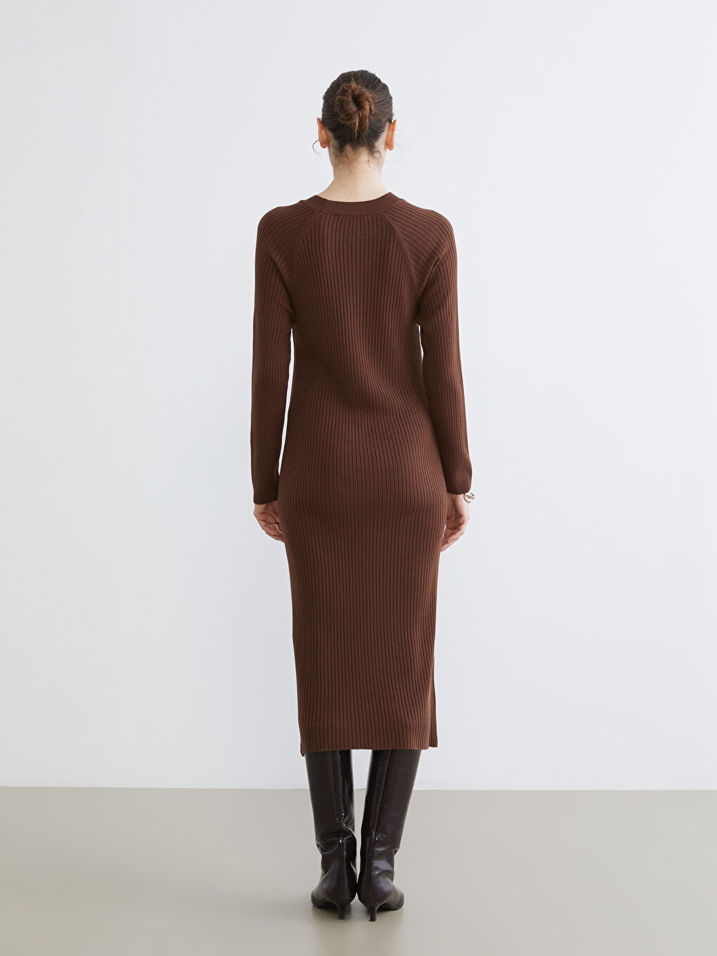 Kahverengi Bisiklet Yaka Triko Elbise-3