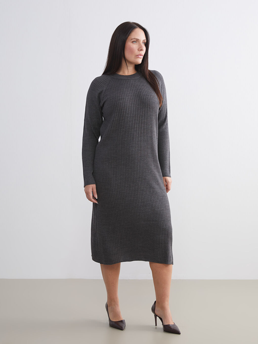 Antrasit Bisiklet Yaka Triko Elbise-1