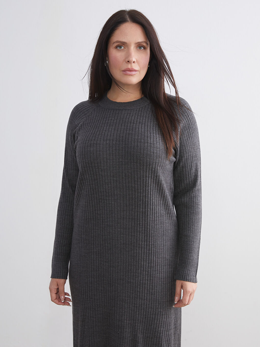 Antrasit Bisiklet Yaka Triko Elbise-5