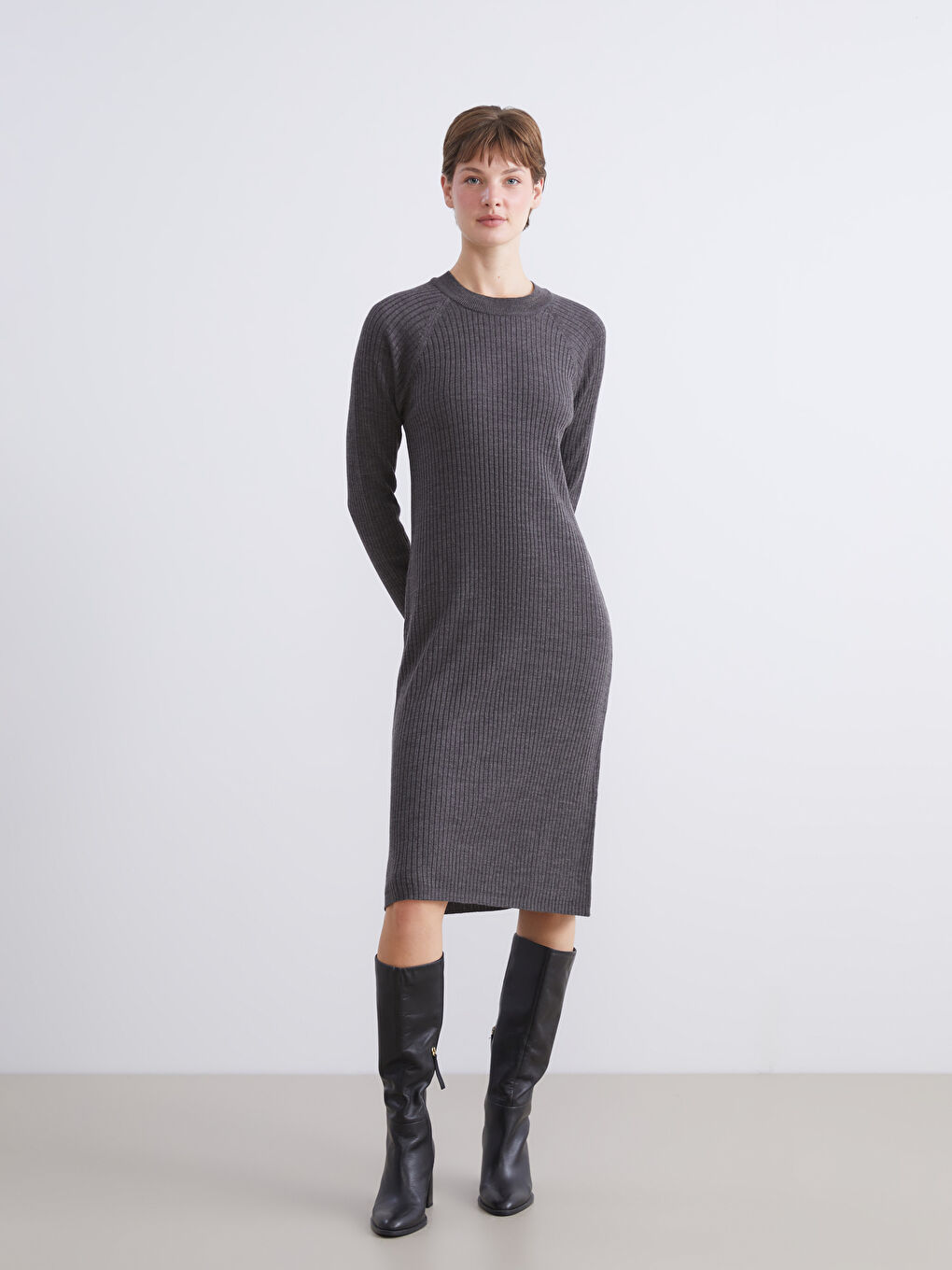 Antrasit Bisiklet Yaka Triko Elbise-2