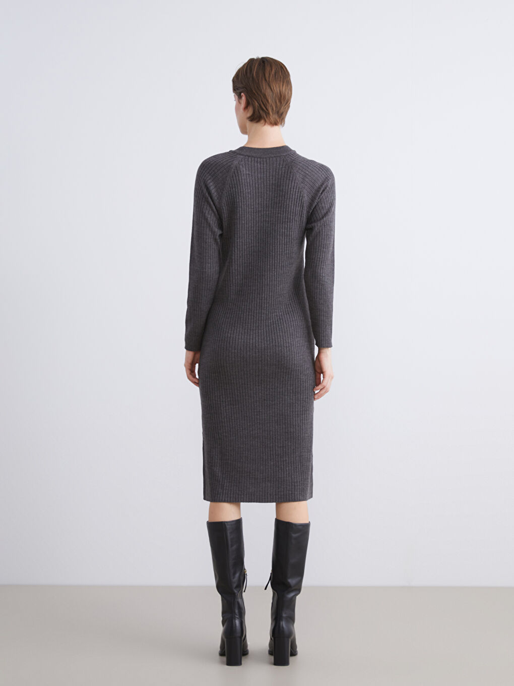 Antrasit Bisiklet Yaka Triko Elbise-4