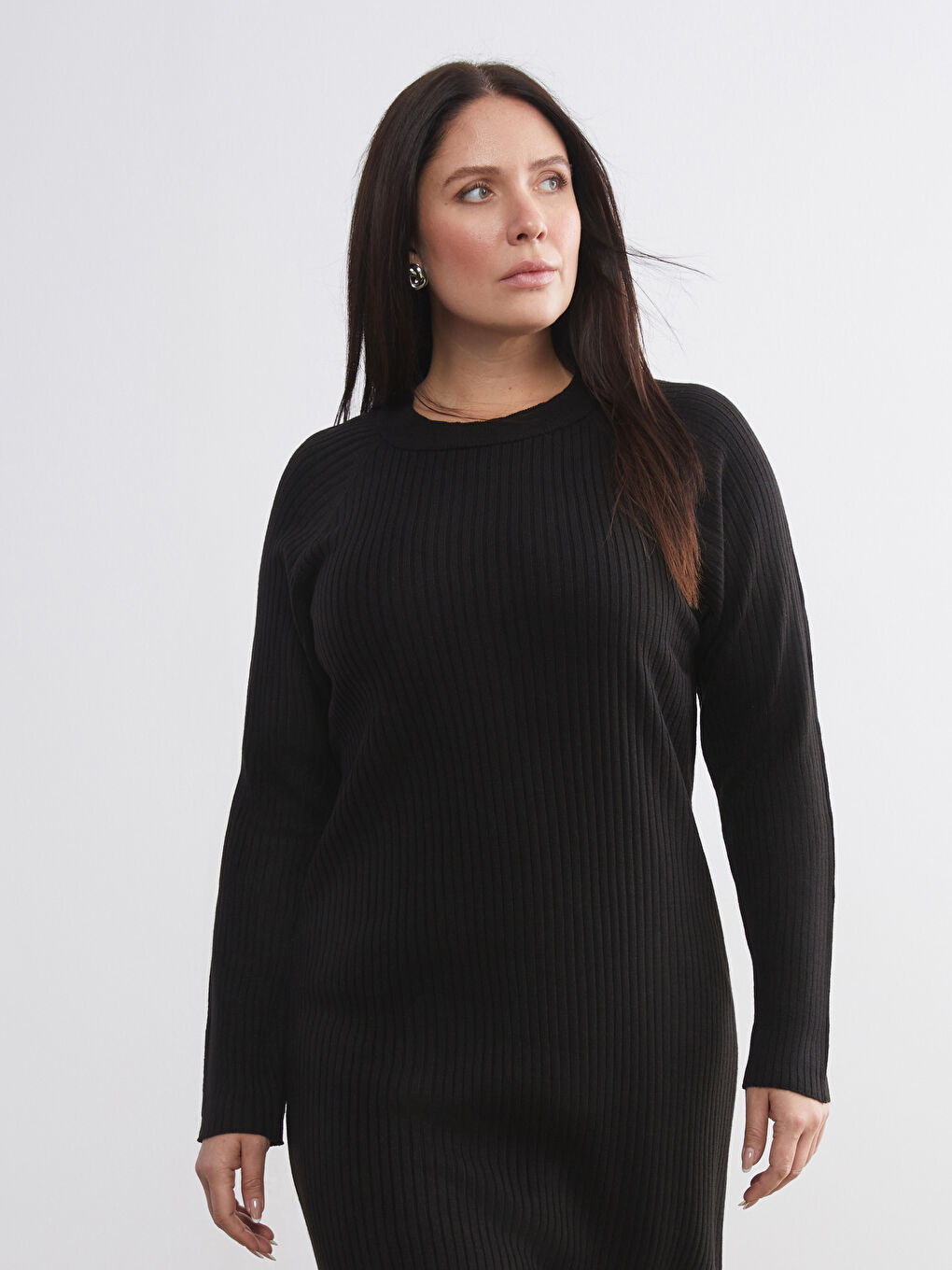 Siyah Bisiklet Yaka Triko Elbise-5