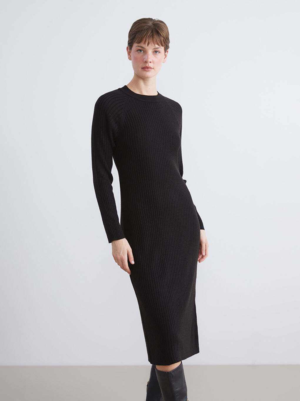 Siyah Bisiklet Yaka Triko Elbise-2