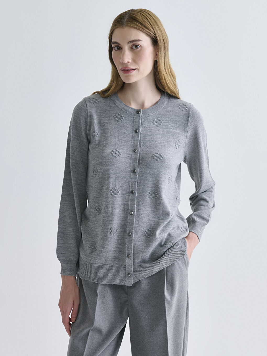 Crew Neck Self Patterned Long Sleeve Women's Tricot Cardigan
