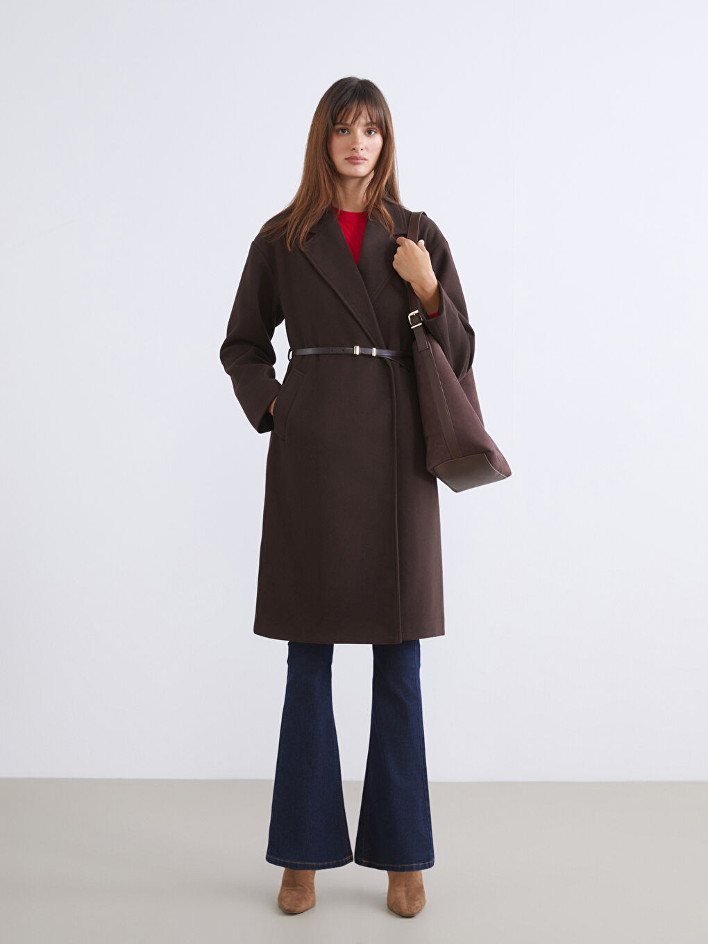 Kahverengi Beli Kemerli Kruvaze Yaka Kadın Kaşe Kaban-1