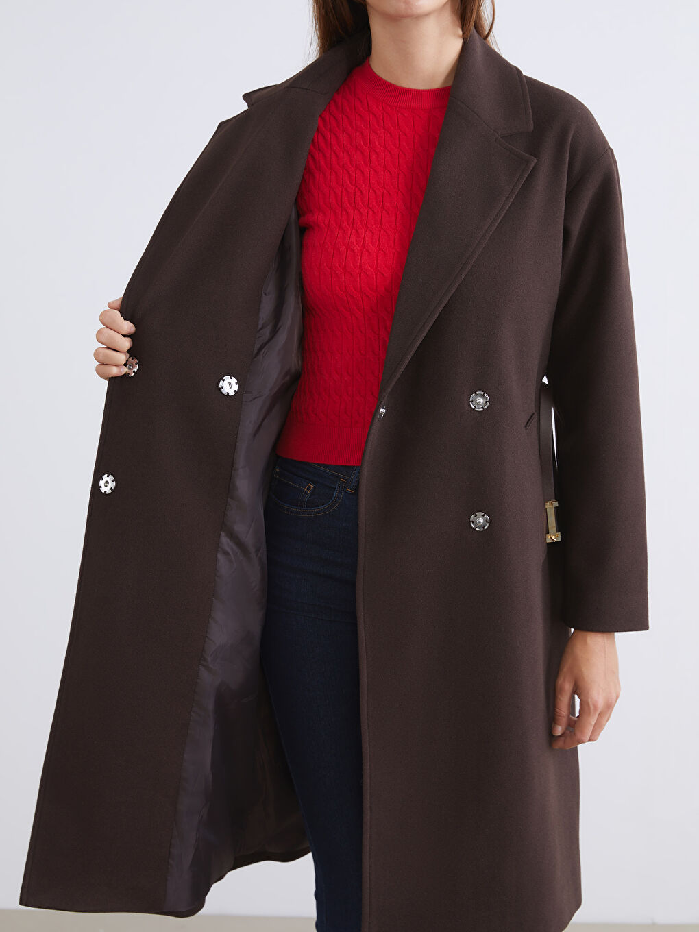 Kahverengi Beli Kemerli Kruvaze Yaka Kadın Kaşe Kaban-3