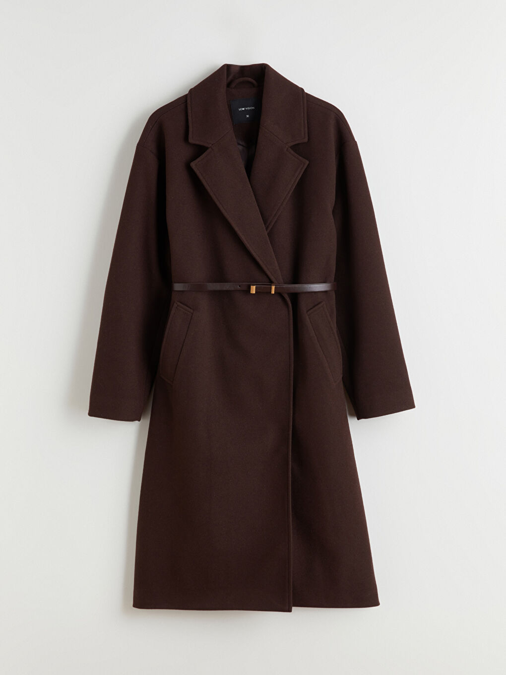 Kahverengi Beli Kemerli Kruvaze Yaka Kadın Kaşe Kaban-5