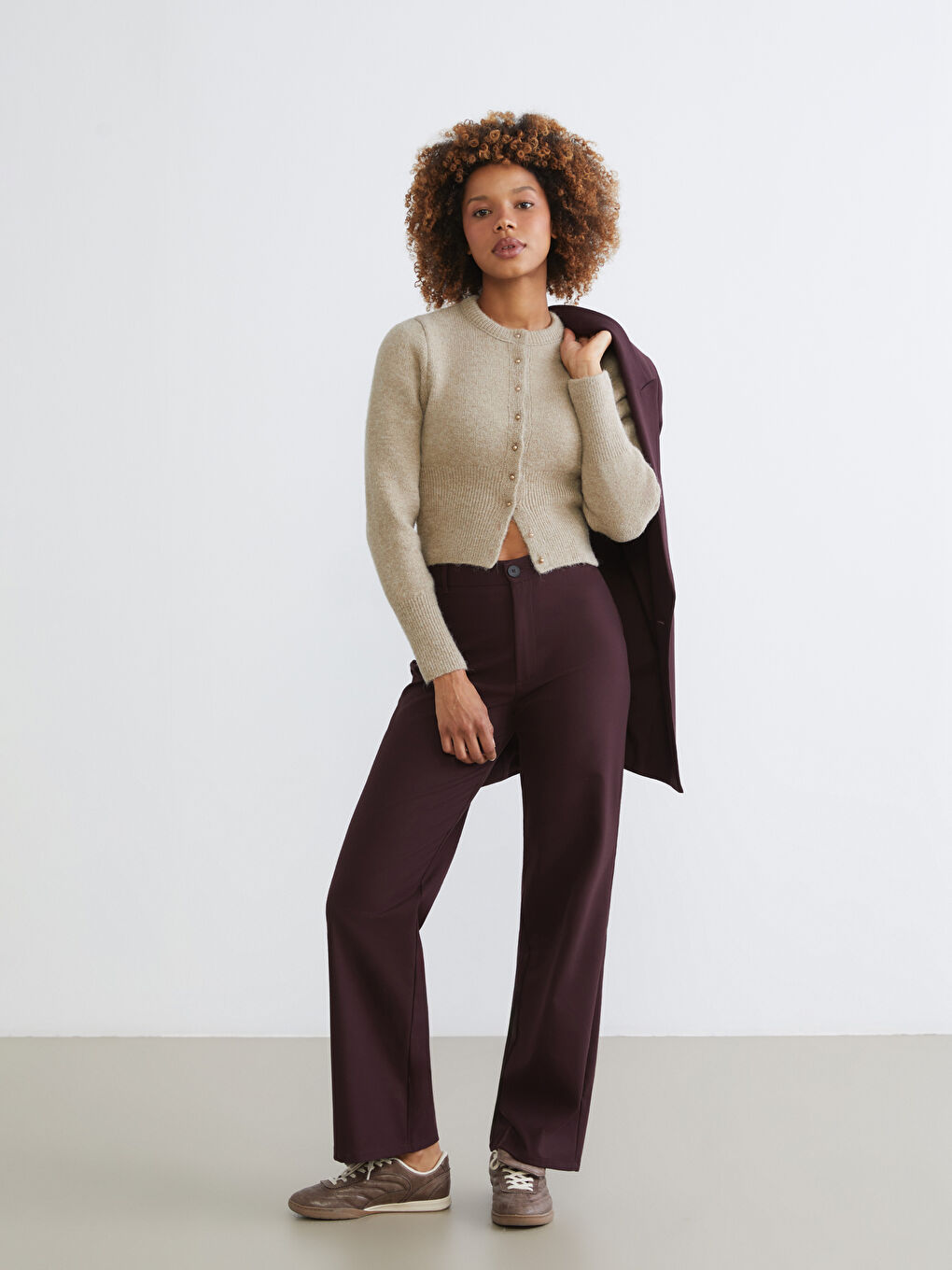 Bordo Regular Fit Geniş Paça Kadın Pantolon