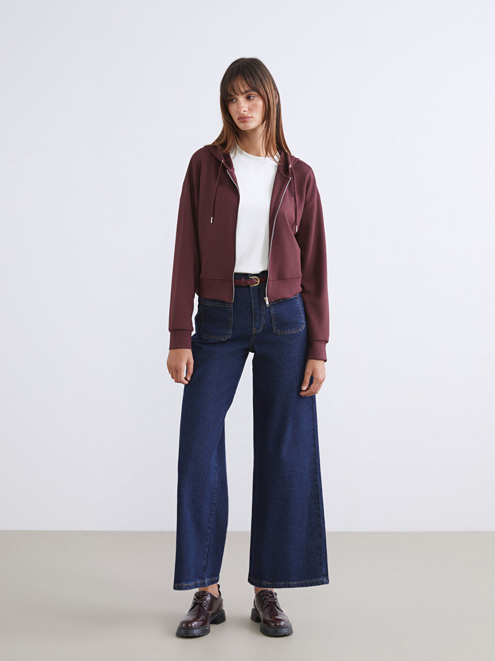 Bordo Kapüşonlu Kadın Fermuarlı Sweatshirt-1