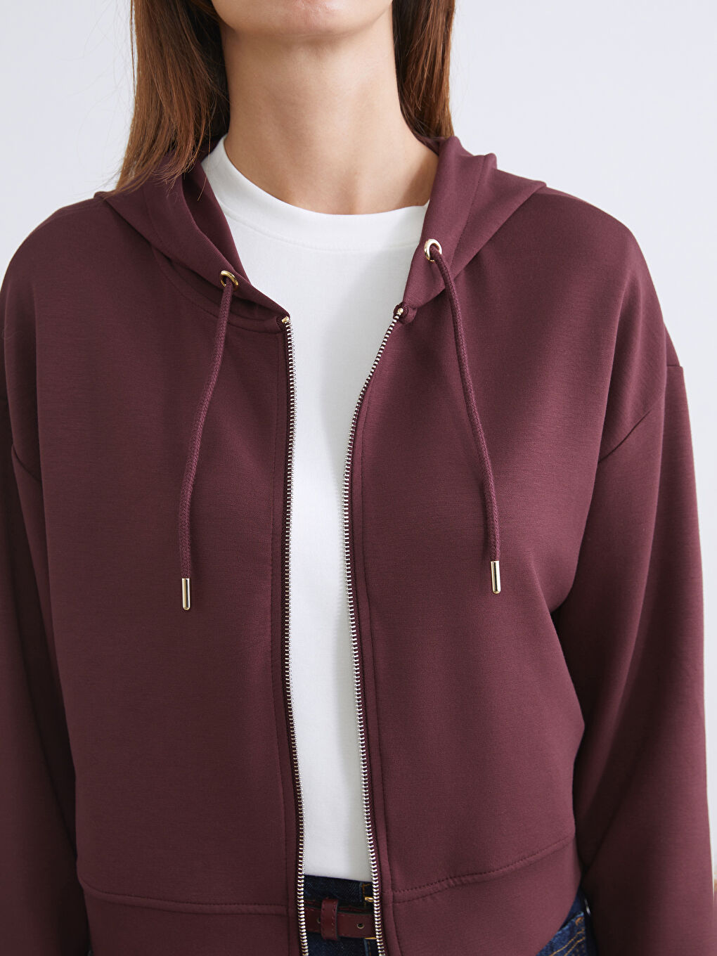 Bordo Kapüşonlu Kadın Fermuarlı Sweatshirt-2