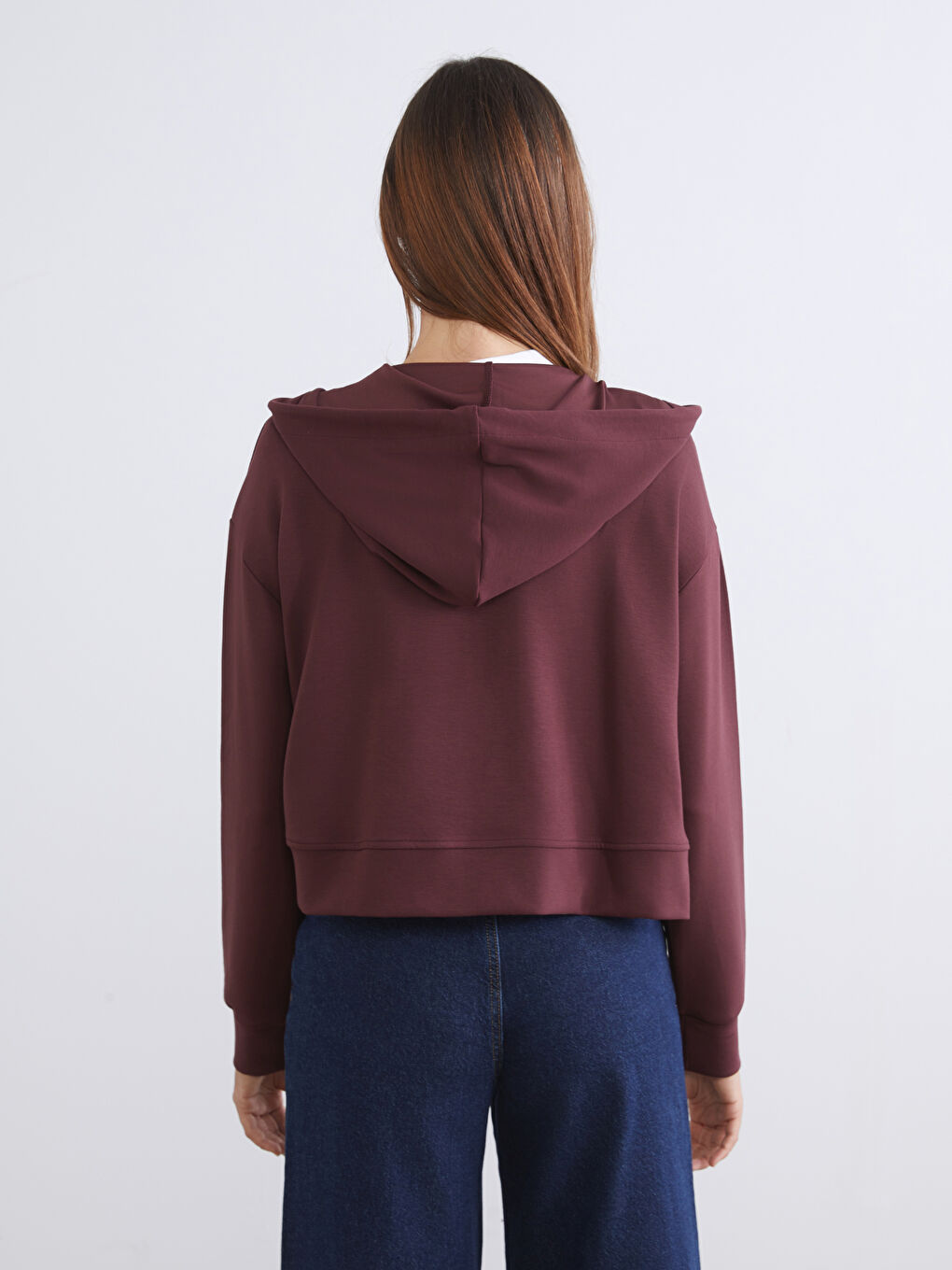 Bordo Kapüşonlu Kadın Fermuarlı Sweatshirt-3