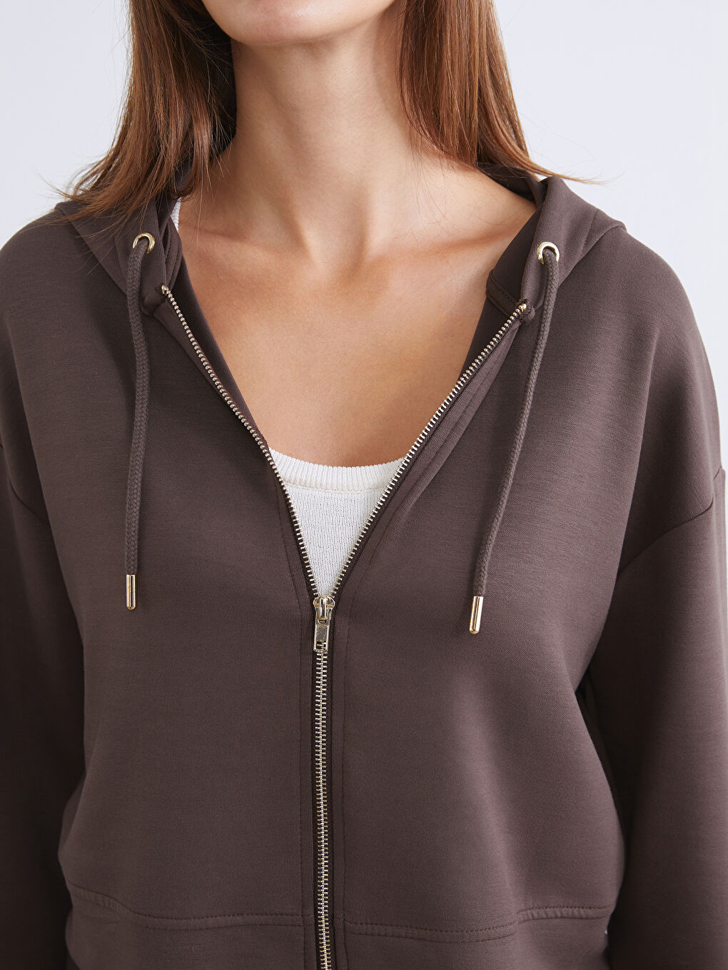 Kahverengi Kapüşonlu Kadın Fermuarlı Sweatshirt-2