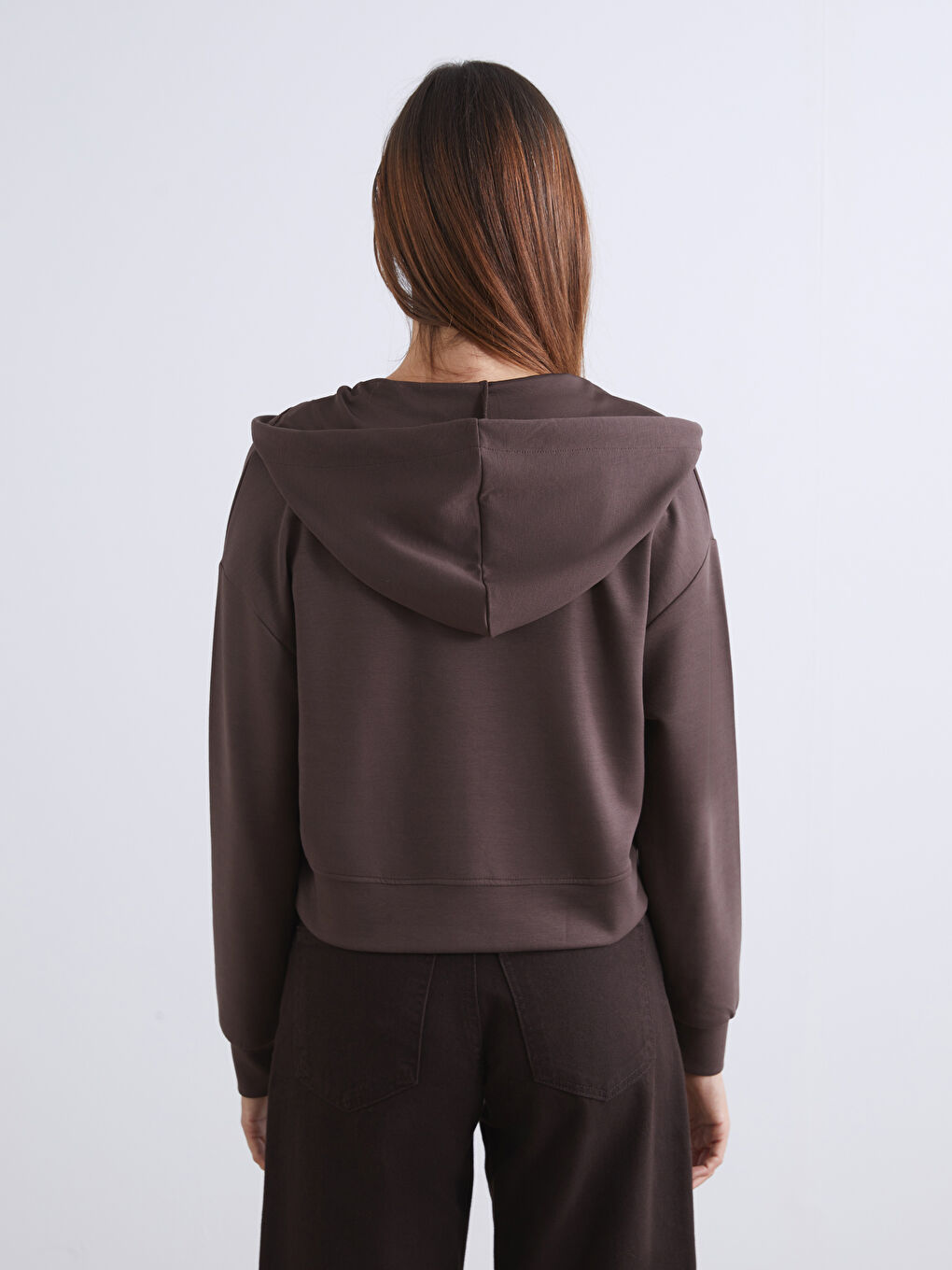 Kahverengi Kapüşonlu Kadın Fermuarlı Sweatshirt-3