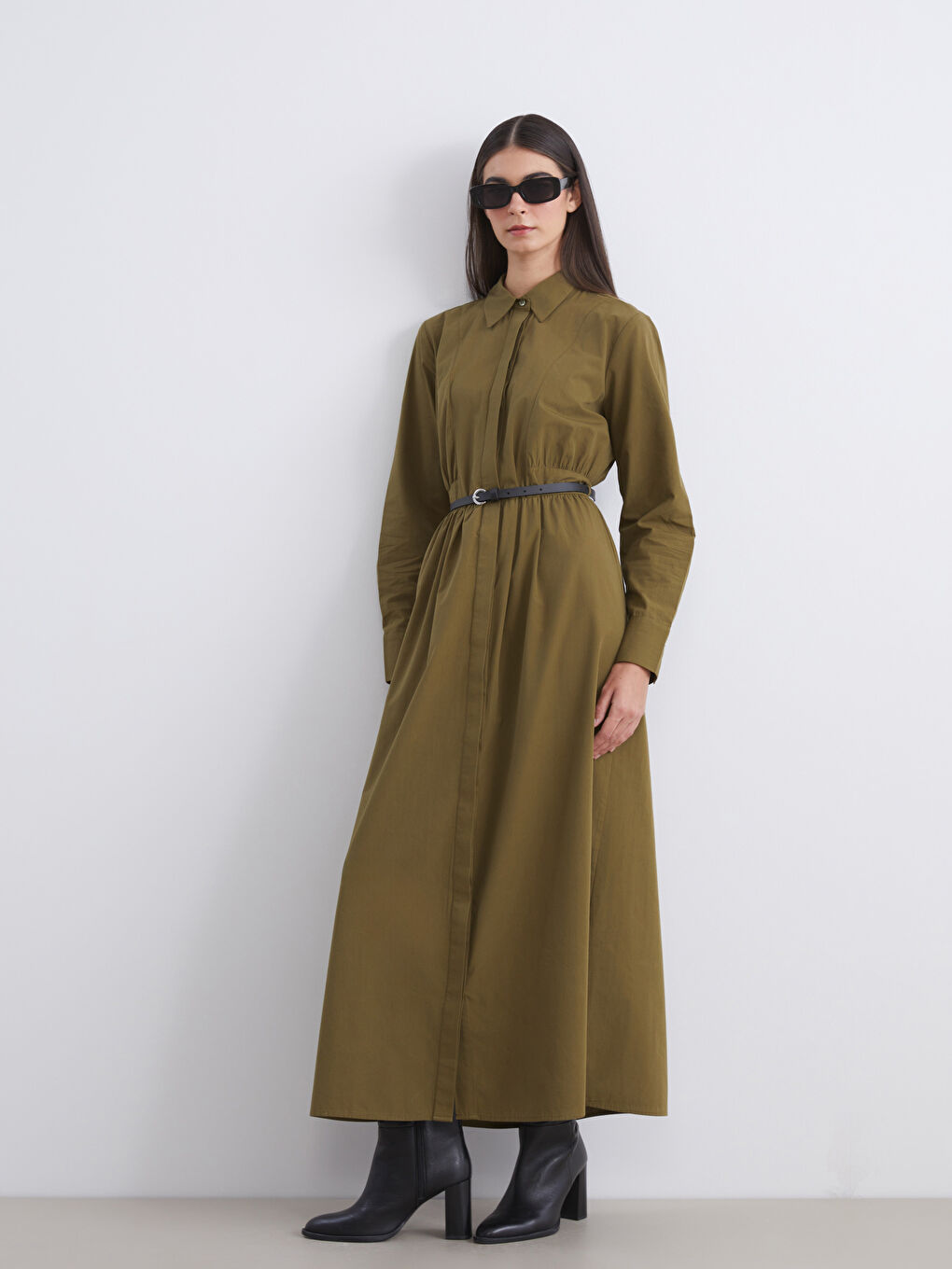 Haki Beli Kemerli Poplin Gömlek Elbise