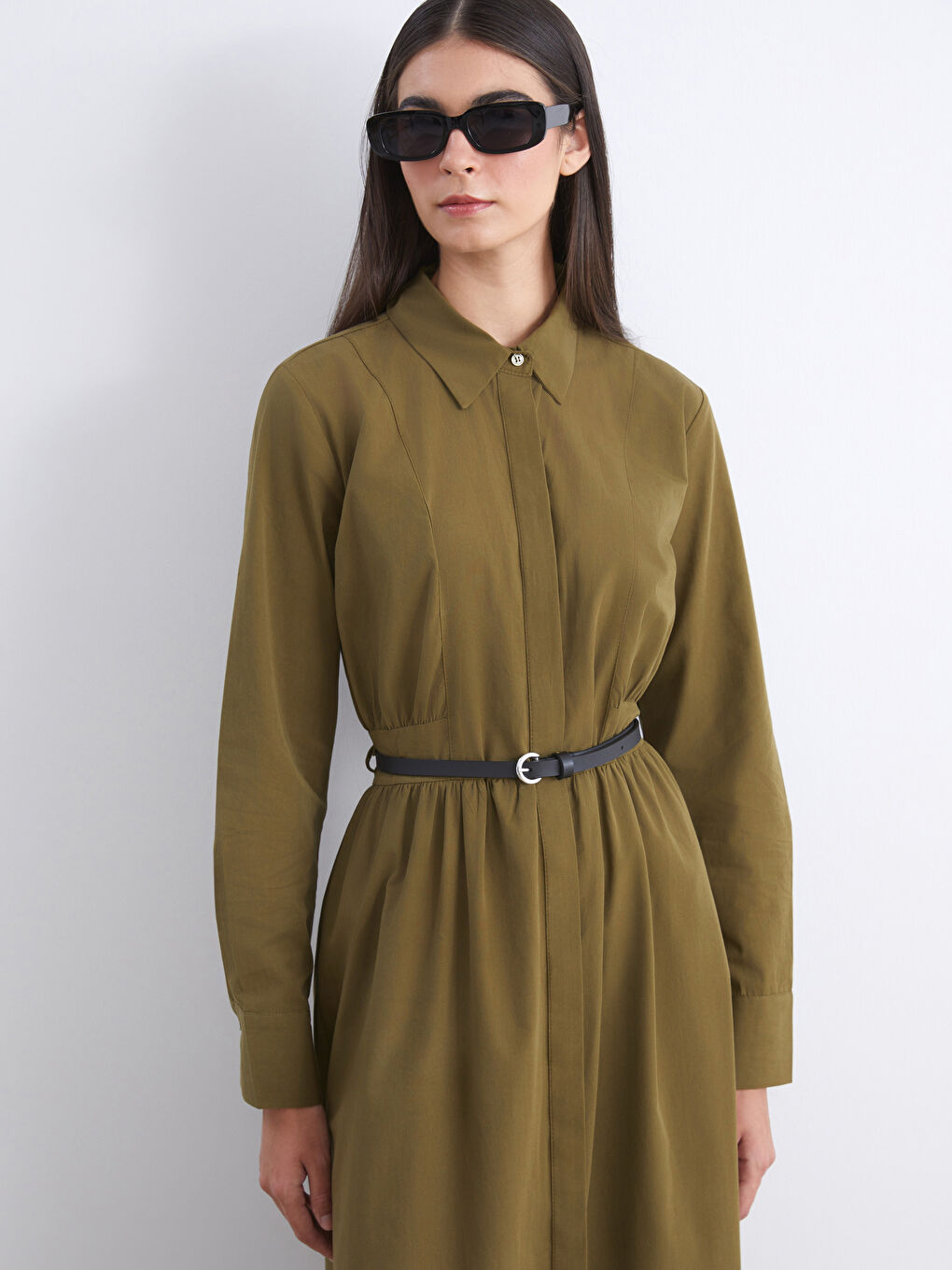 Haki Beli Kemerli Poplin Gömlek Elbise-1