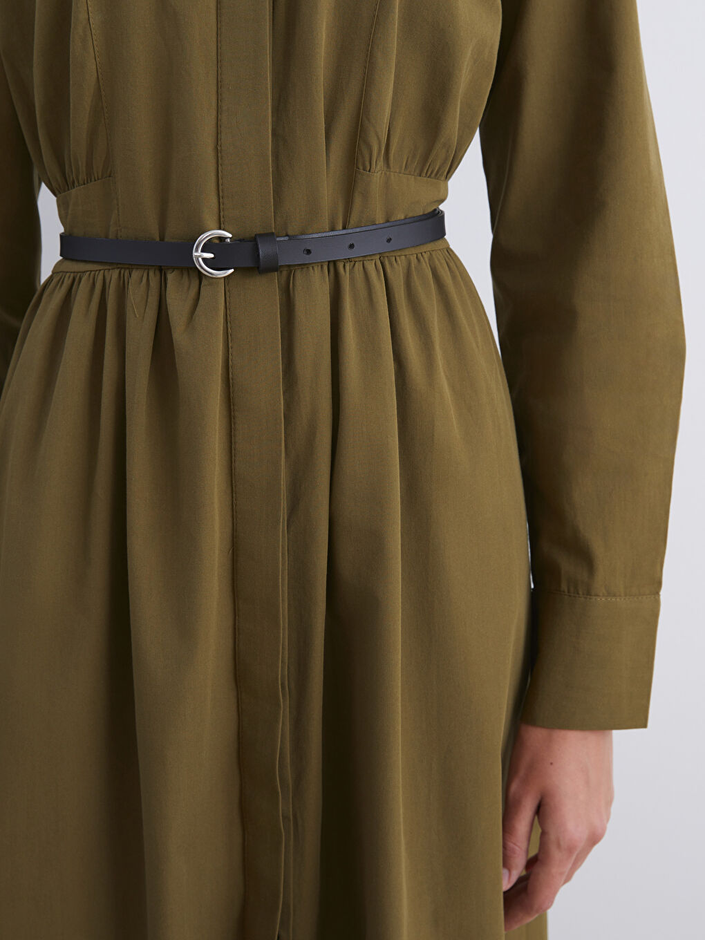 Haki Beli Kemerli Poplin Gömlek Elbise-2