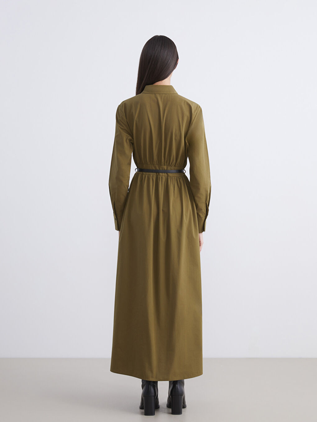 Haki Beli Kemerli Poplin Gömlek Elbise-3