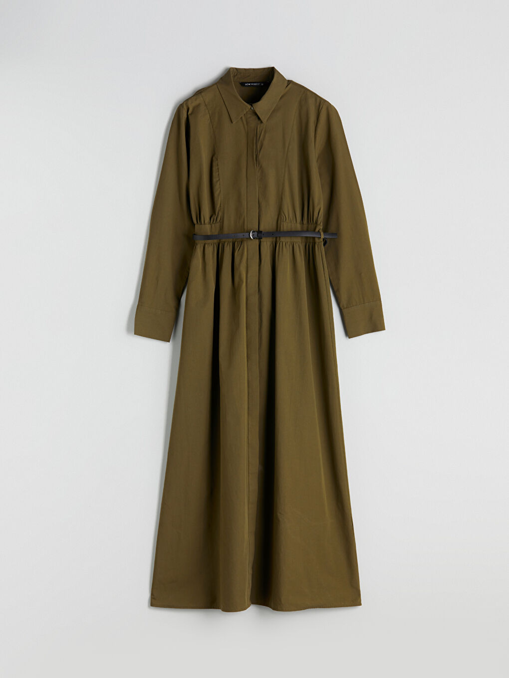 Haki Beli Kemerli Poplin Gömlek Elbise-4