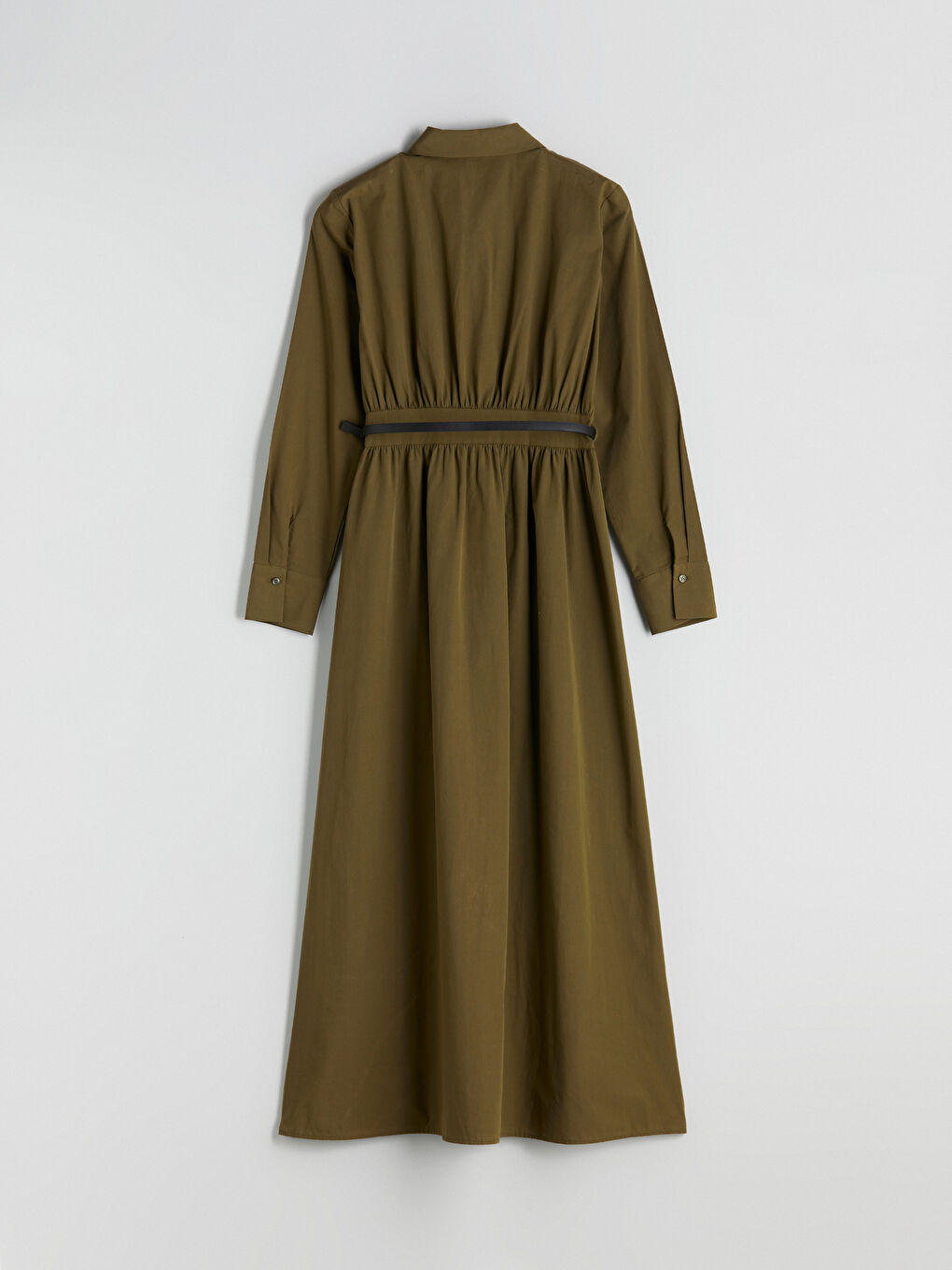 Haki Beli Kemerli Poplin Gömlek Elbise-5