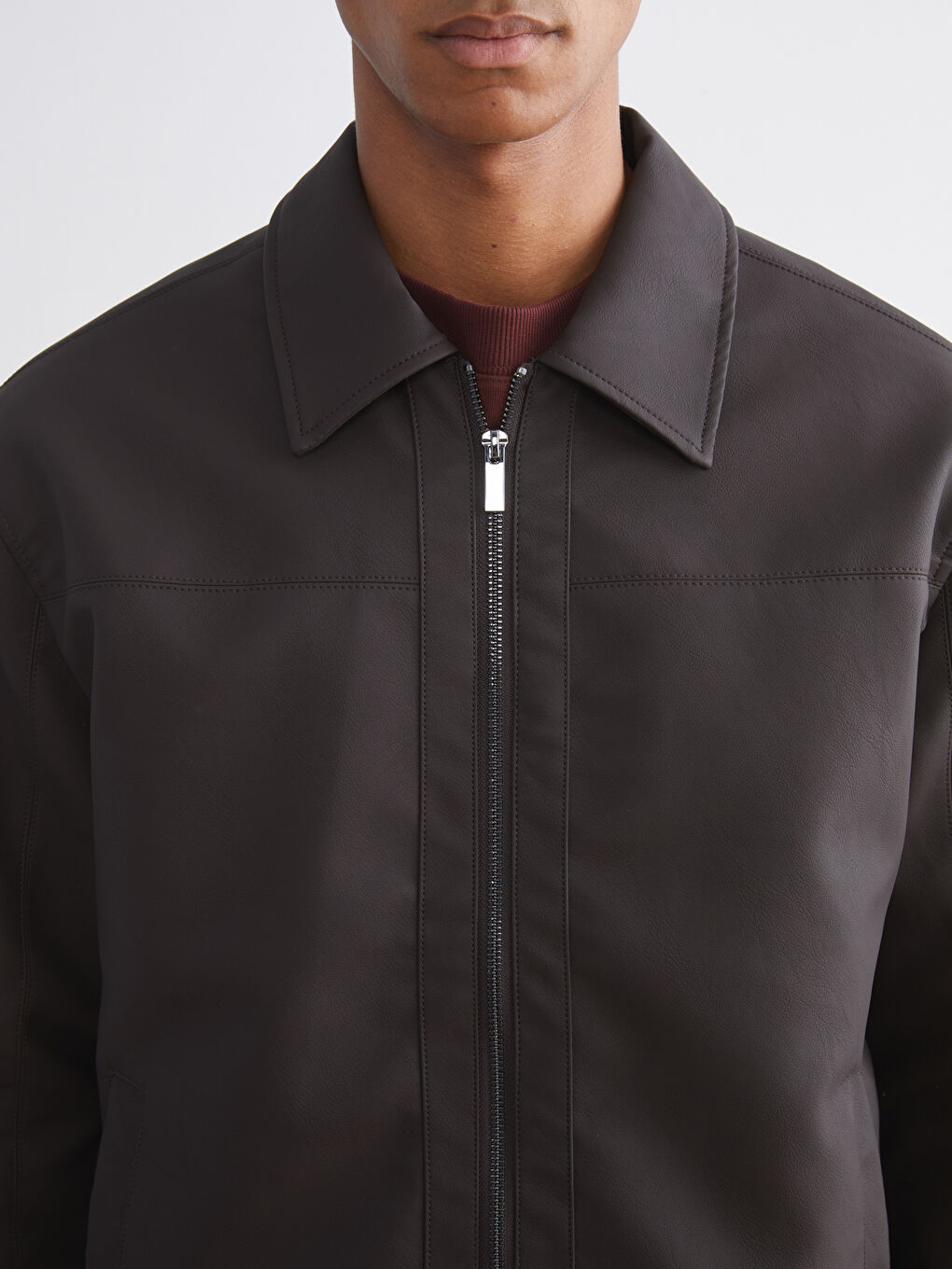 Standard Fit Collared Neck Men's Leather Look Jacket-2