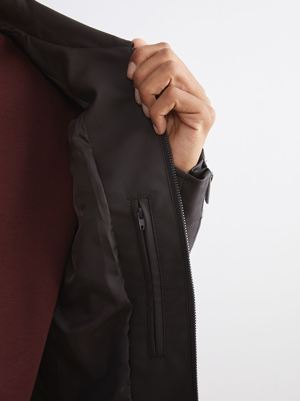 Standard Fit Collared Neck Men's Leather Look Jacket-3