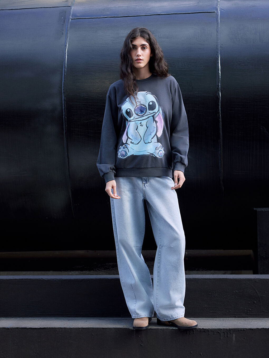 Antrasit Stitch Baskılı Oversize Kadın Sweatshirt