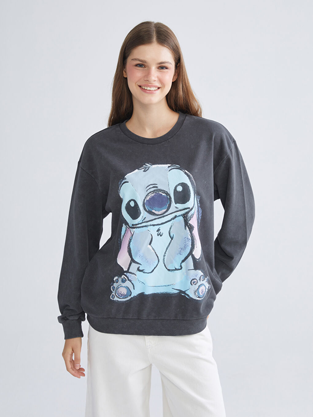 Antrasit Stitch Baskılı Oversize Kadın Sweatshirt-1
