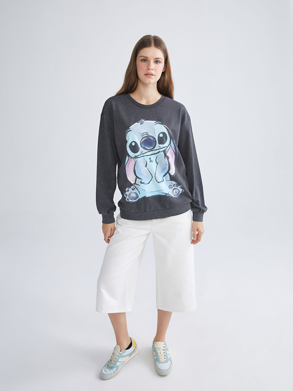 Antrasit Stitch Baskılı Oversize Kadın Sweatshirt-2