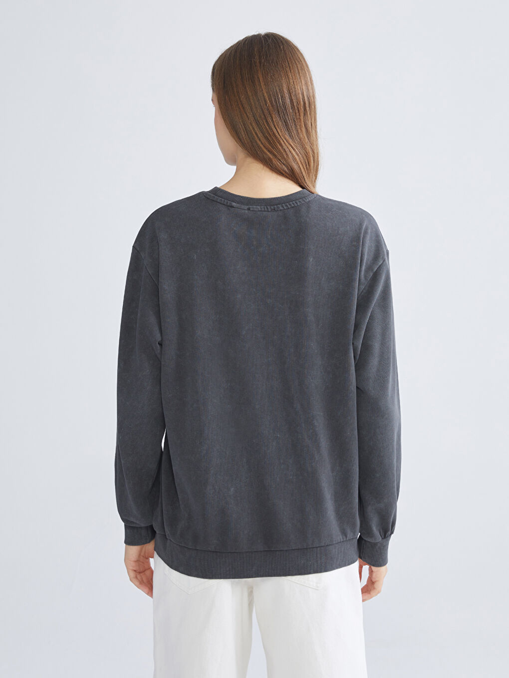 Antrasit Stitch Baskılı Oversize Kadın Sweatshirt-3
