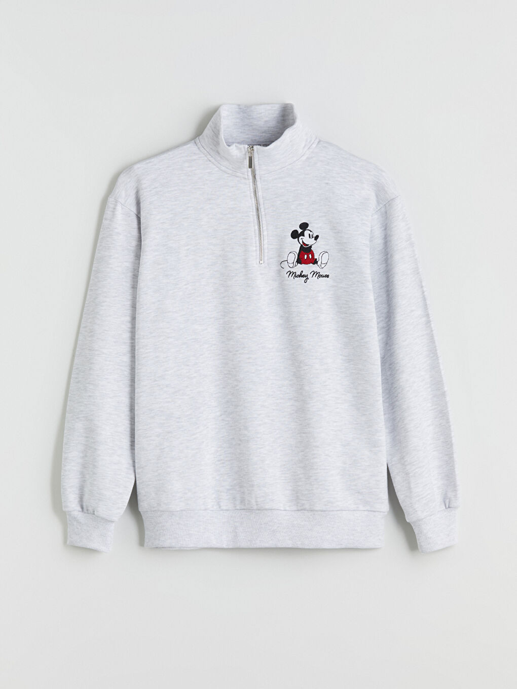 Gri Dik Yaka Mickey Mouse Nakışlı Oversize Kadın Kalın Sweatshirt-5