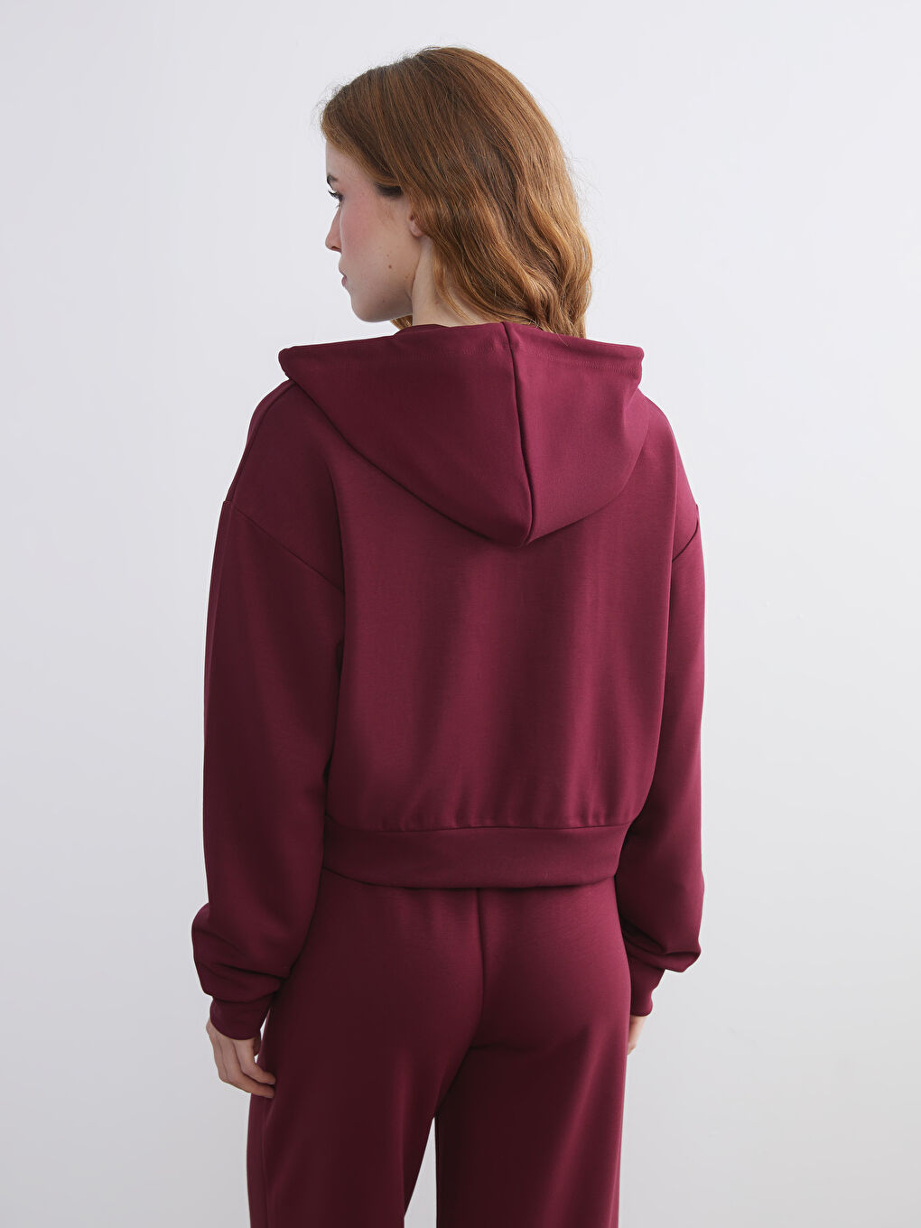 Bordo Kapüşonlu Kadın Fermuarlı Sweatshirt-3