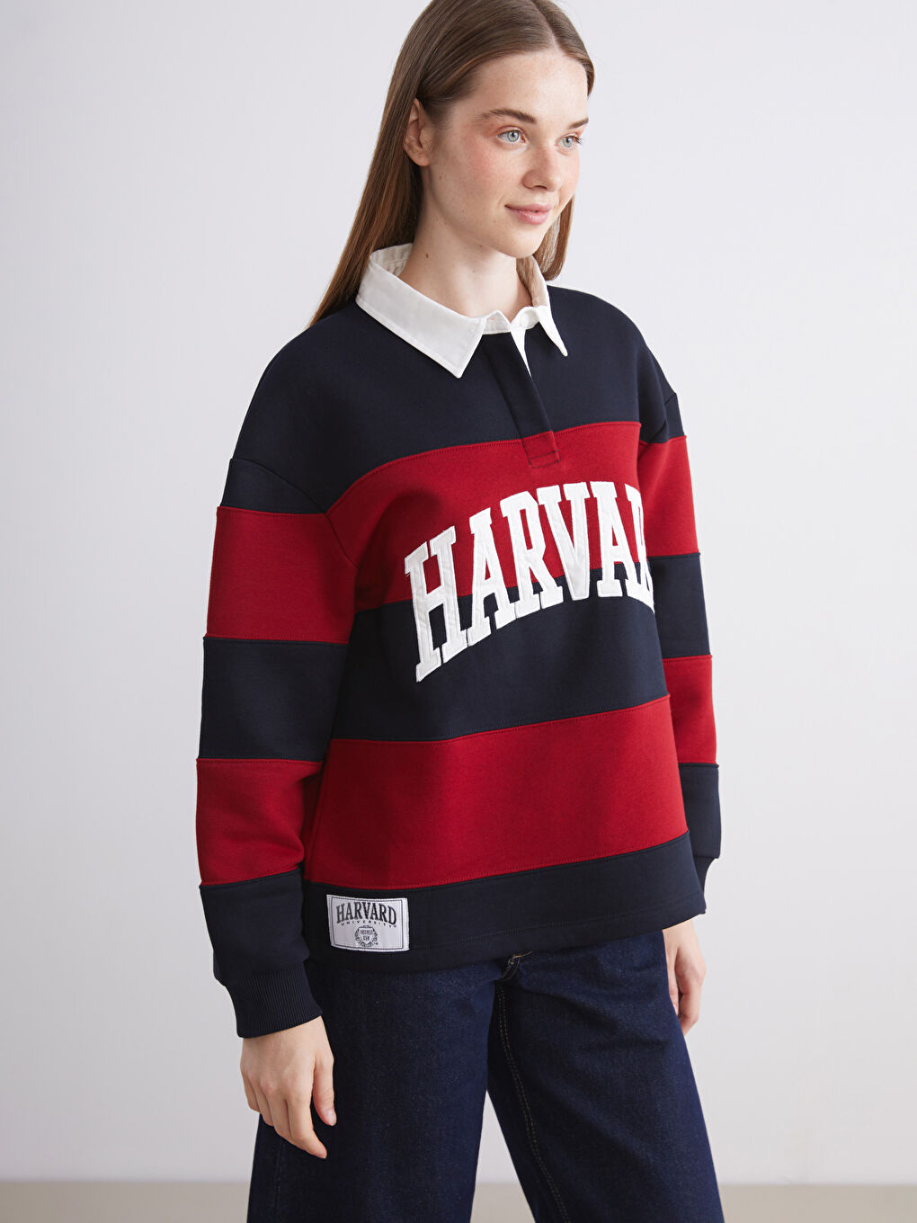 Lacivert Polo Yaka Çizgili Oversize Kadın Kalın Sweatshirt-1
