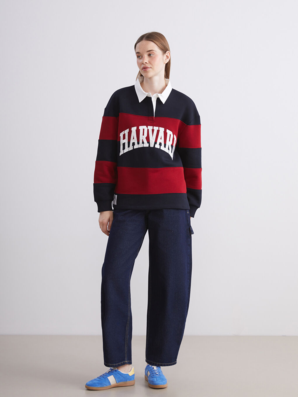 Lacivert Polo Yaka Çizgili Oversize Kadın Kalın Sweatshirt-2