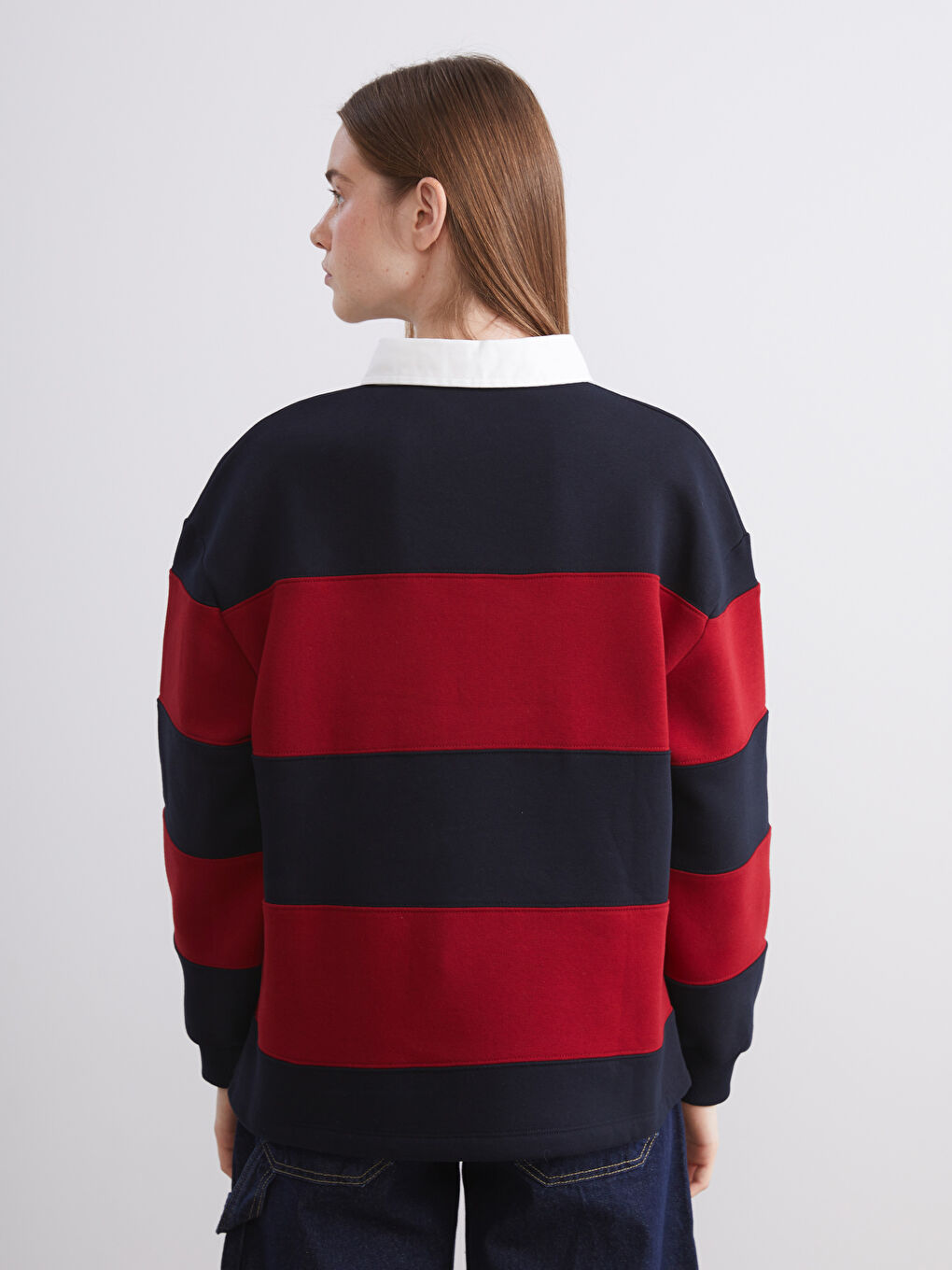 Lacivert Polo Yaka Çizgili Oversize Kadın Kalın Sweatshirt-4