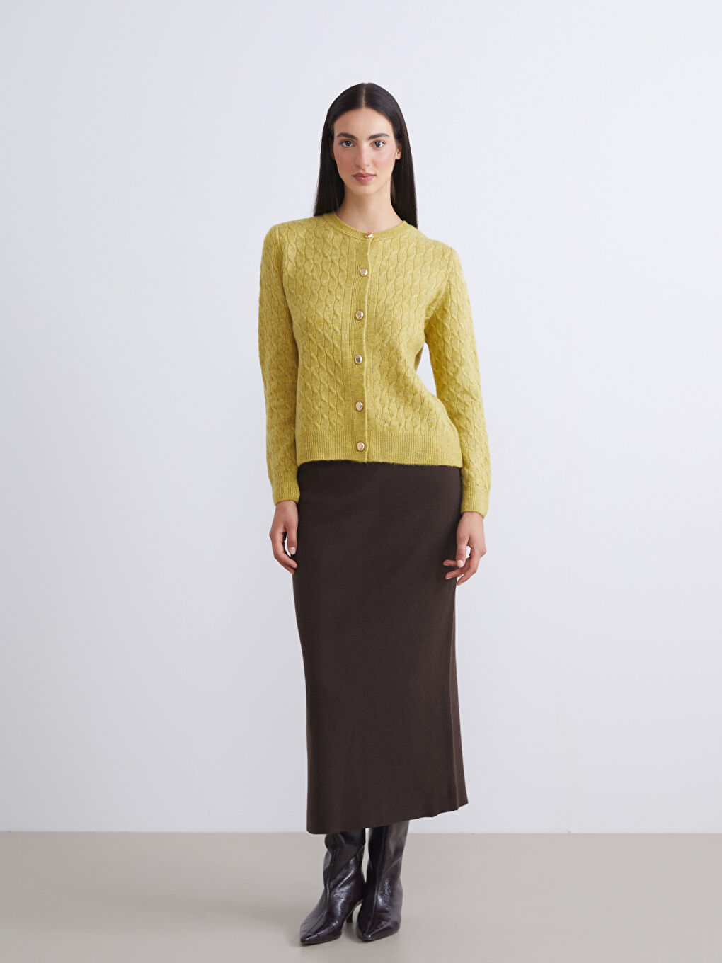 Crew Neck Self Patterned Long Sleeve Women's Tricot Cardigan-1