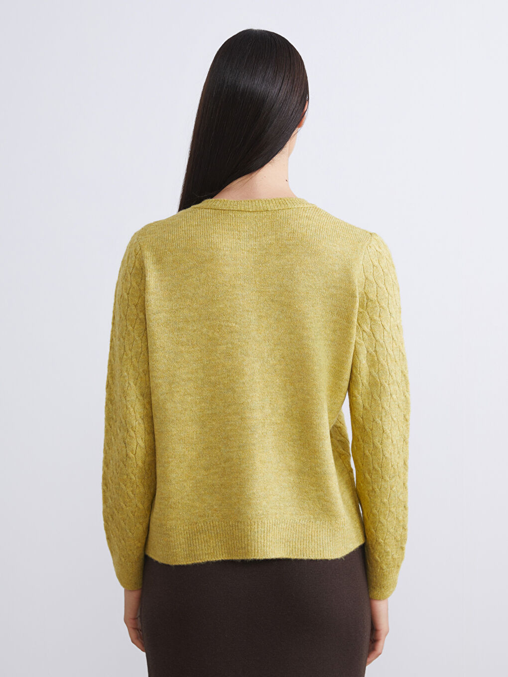 Crew Neck Self Patterned Long Sleeve Women's Tricot Cardigan-3