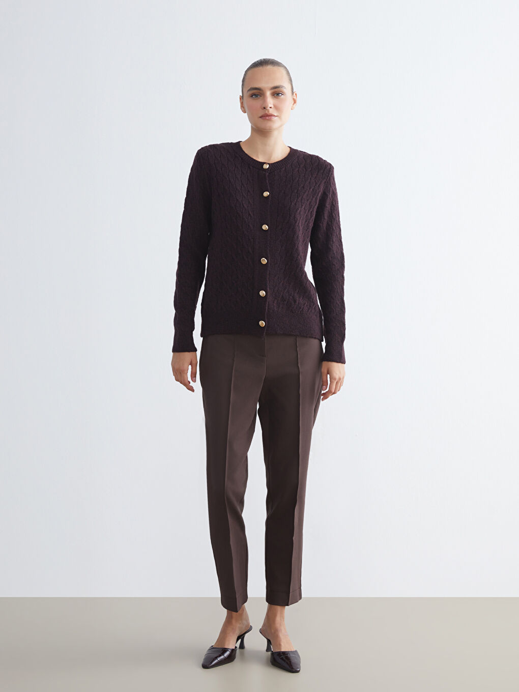 Crew Neck Self Patterned Long Sleeve Women's Tricot Cardigan-1