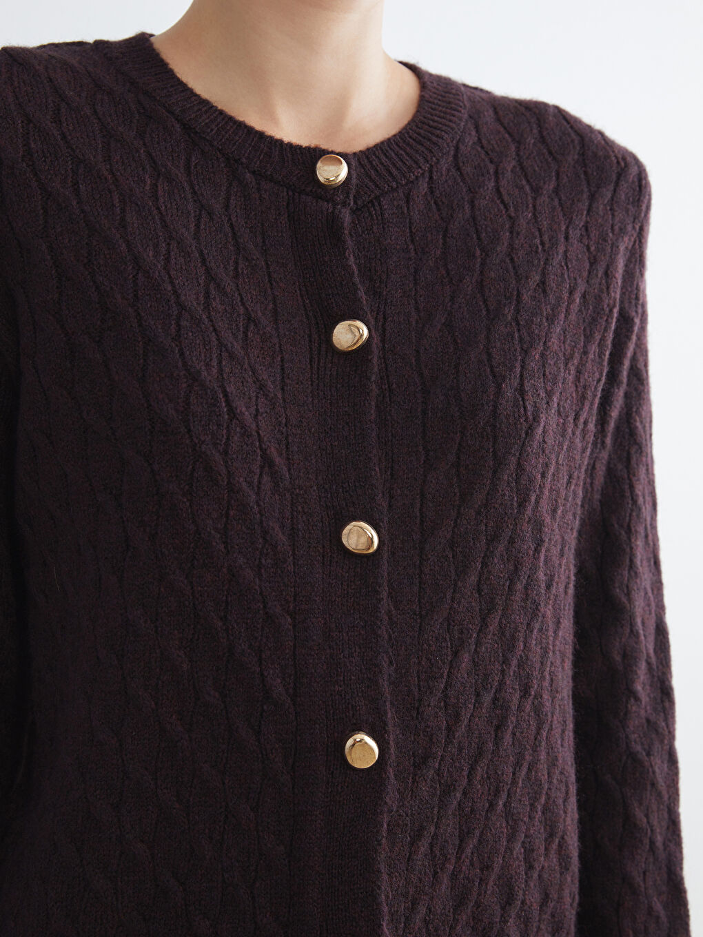 Crew Neck Self Patterned Long Sleeve Women's Tricot Cardigan-2