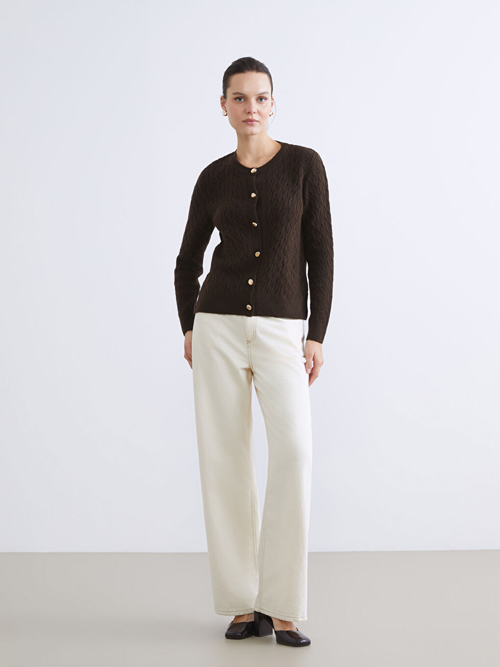 Kardigan od trikotaže sa dugim rukavima, okruglim izrezom i samostalnim uzorkom za žene-1