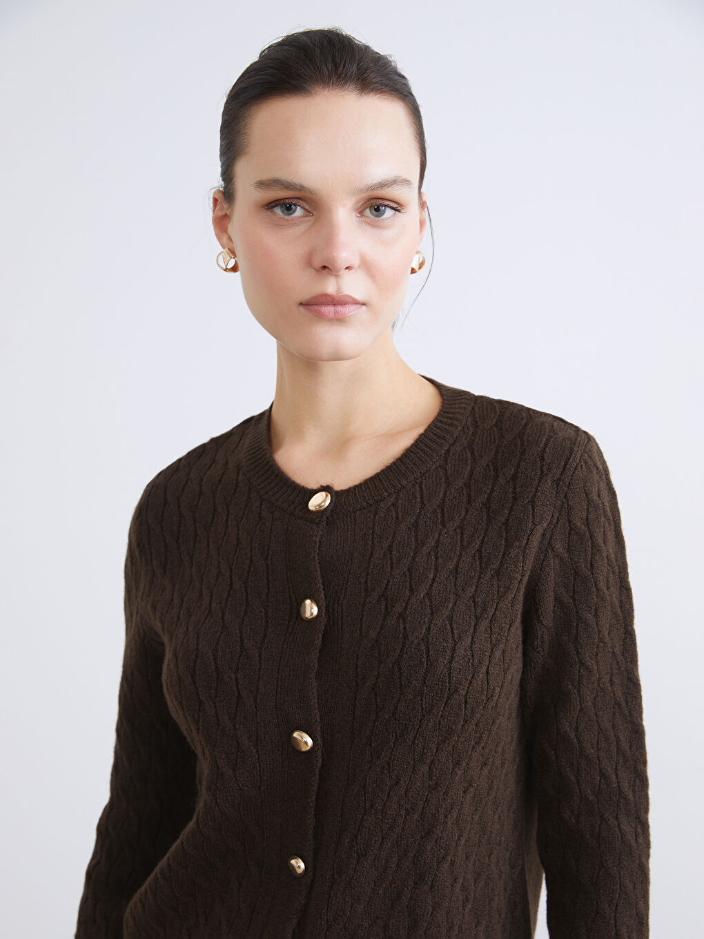 Kardigan od trikotaže sa dugim rukavima, okruglim izrezom i samostalnim uzorkom za žene-2