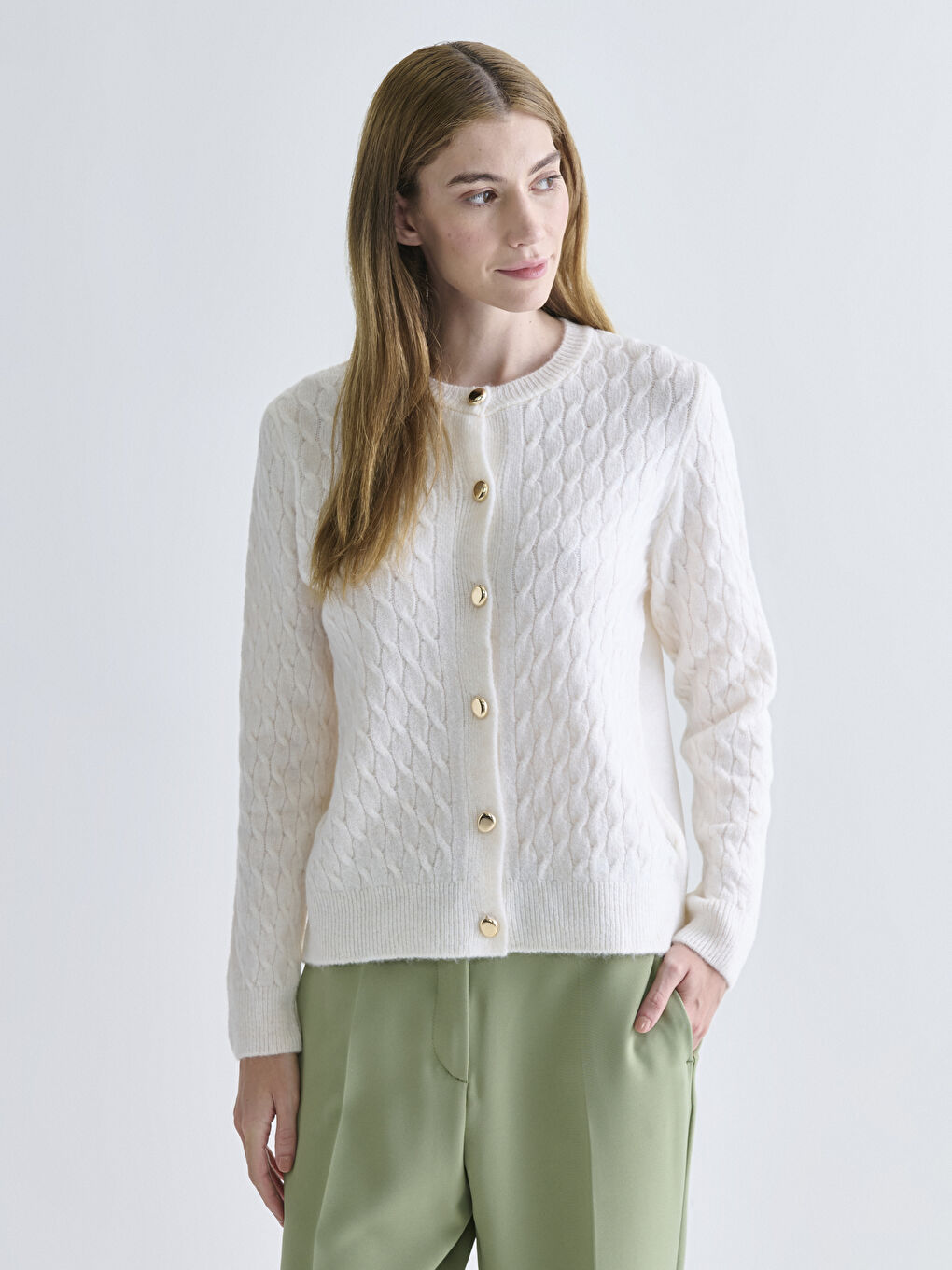 Crew Neck Self Patterned Long Sleeve Women's Tricot Cardigan